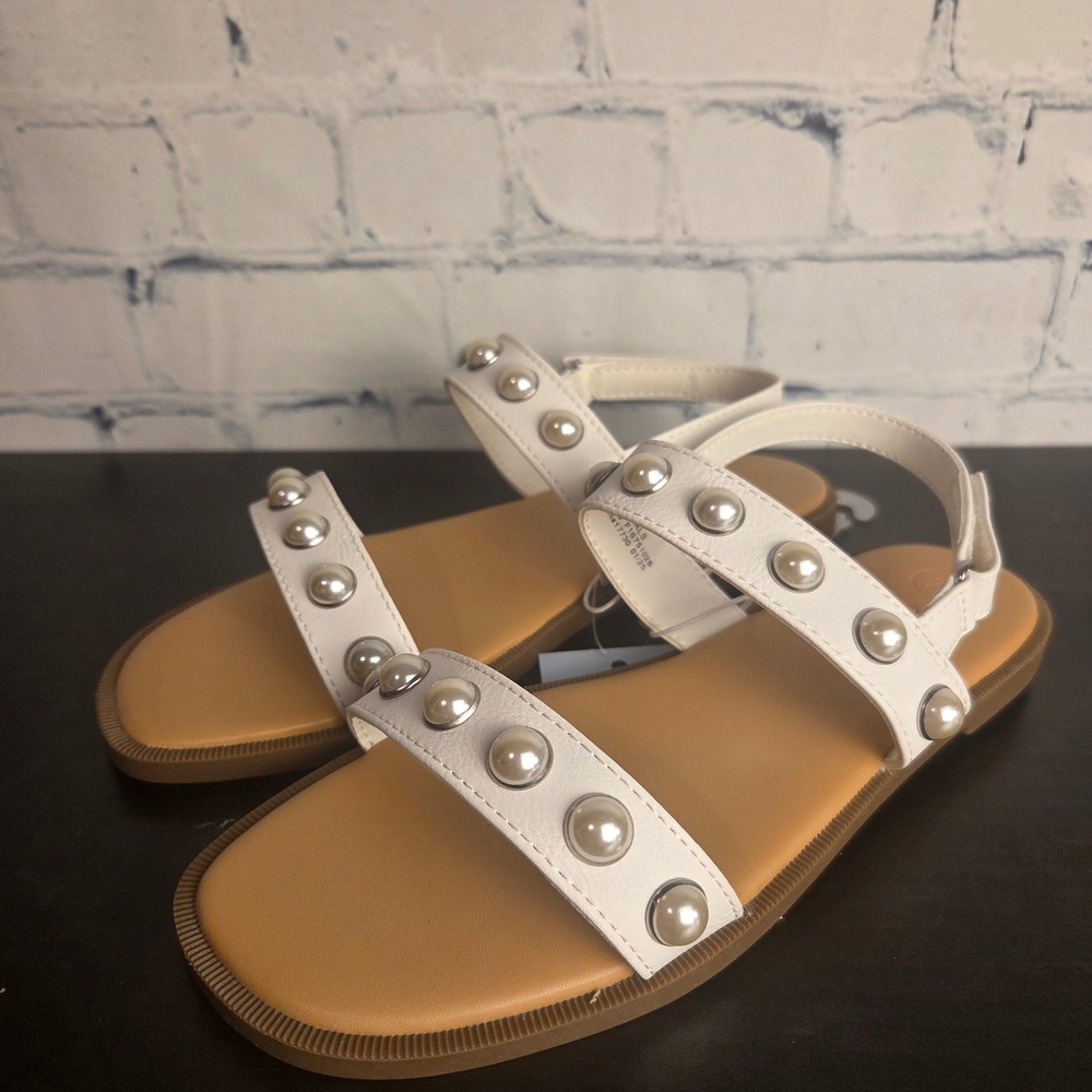 Cat & Jack Girls Eve White Faux Pearl Studded Strappy Sandals Size 2 NWT